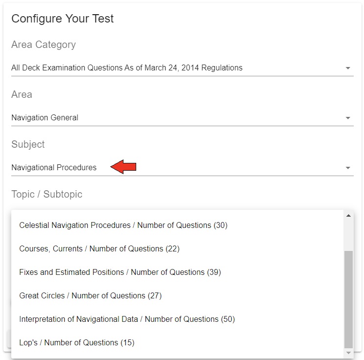 Listed s the table of contents of the questions on Navigational Procedures as they appear in SeaSources online study. 